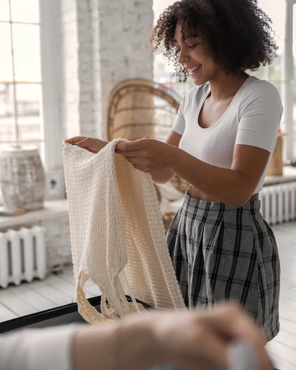 A woman packing clothes into a suitcase, preparing for a new chapter